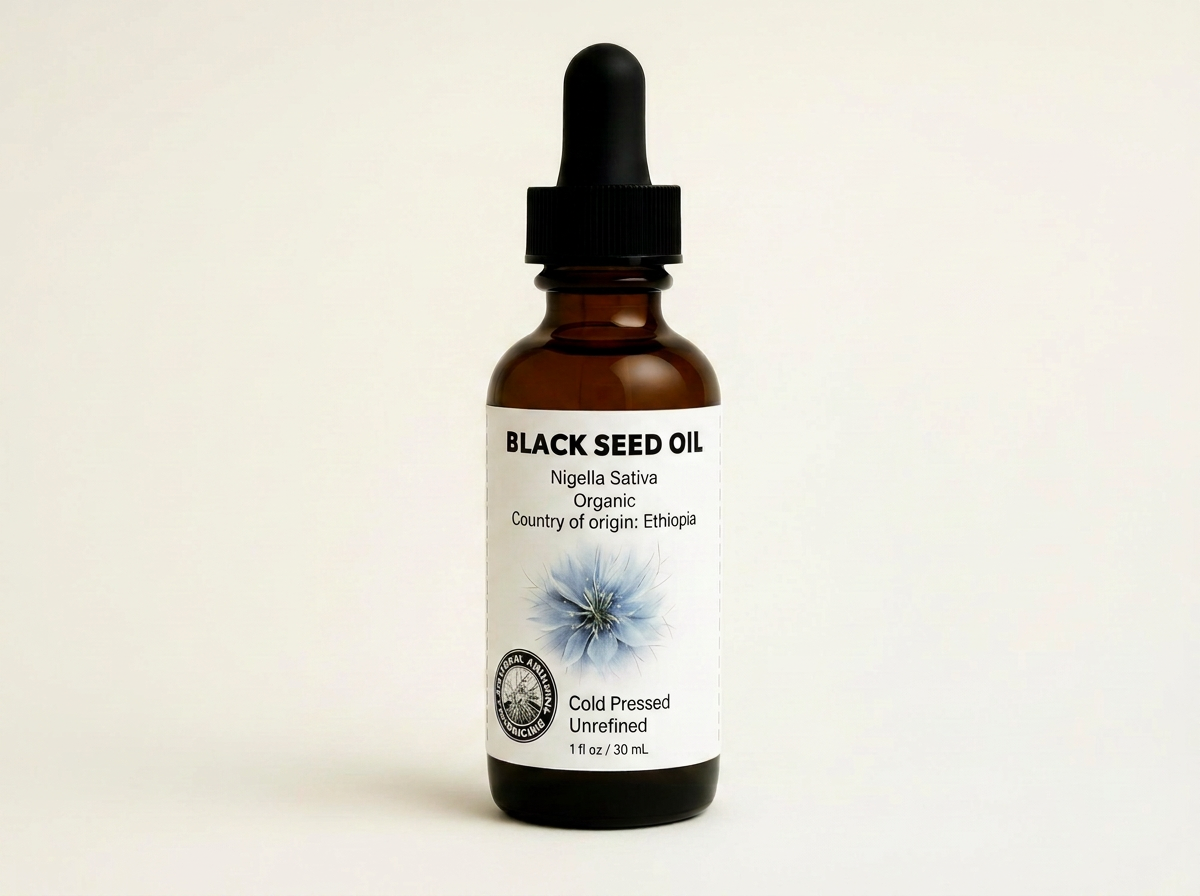 Flacon d’huile de nigelle biologique d’origine éthiopienne