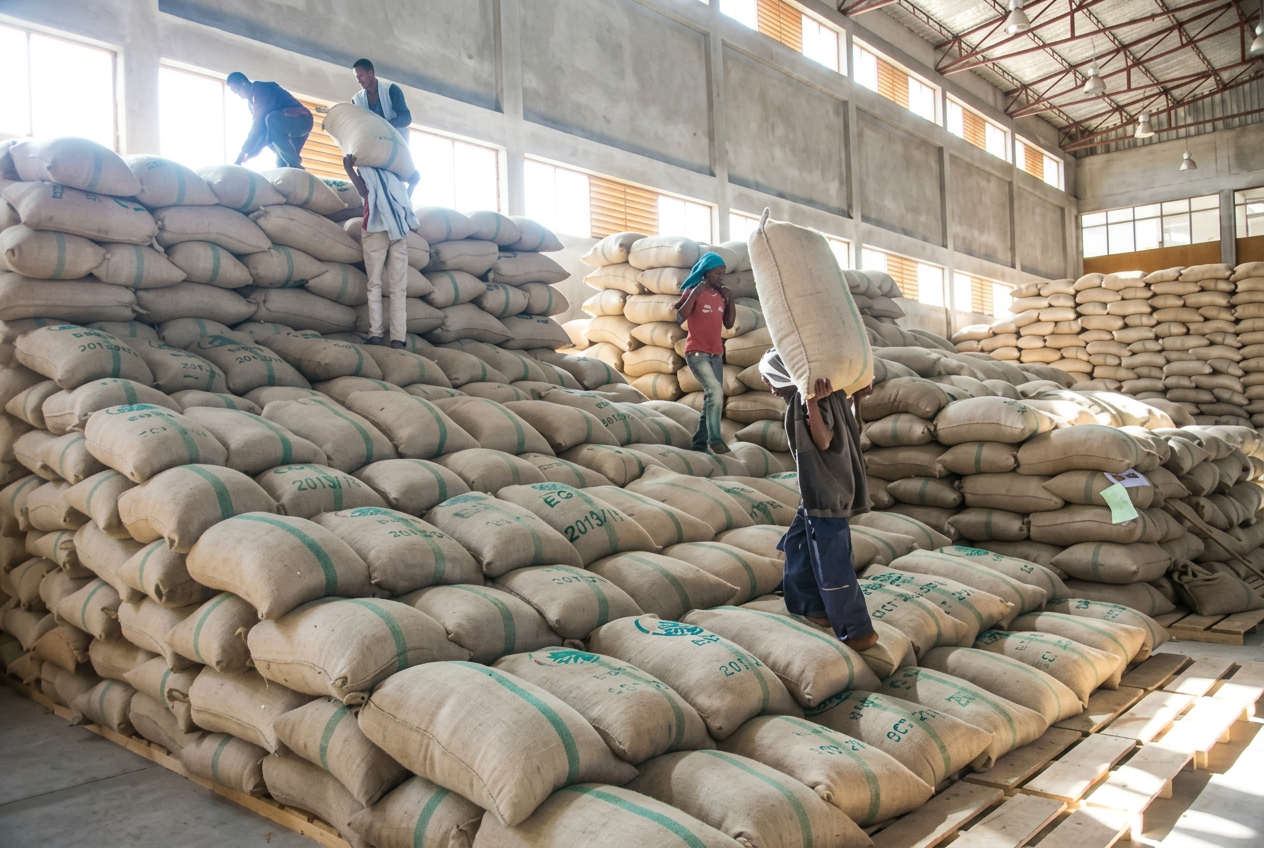 Manutention de sacs de café vert dans un entrepôt en Éthiopie