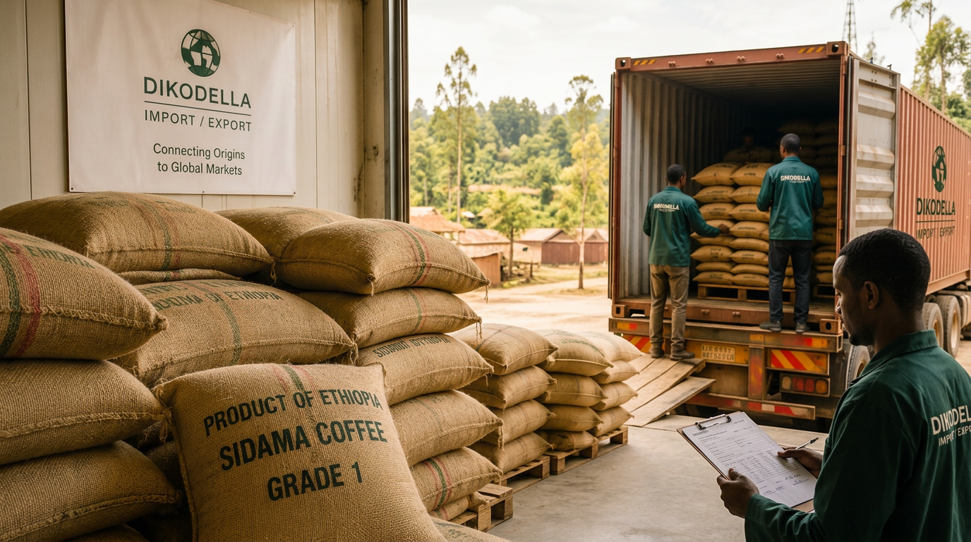 Chargement de sacs de café Sidama Dikodella dans un conteneur d'exportation en Éthiopie