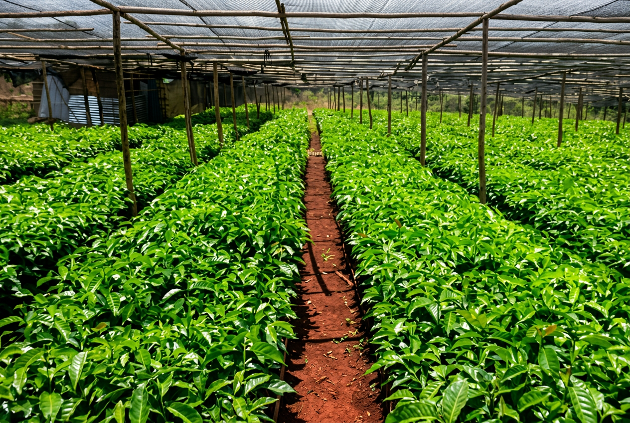 Rangées de jeunes plants de café sous ombrière dans une pépinière éthiopienne
