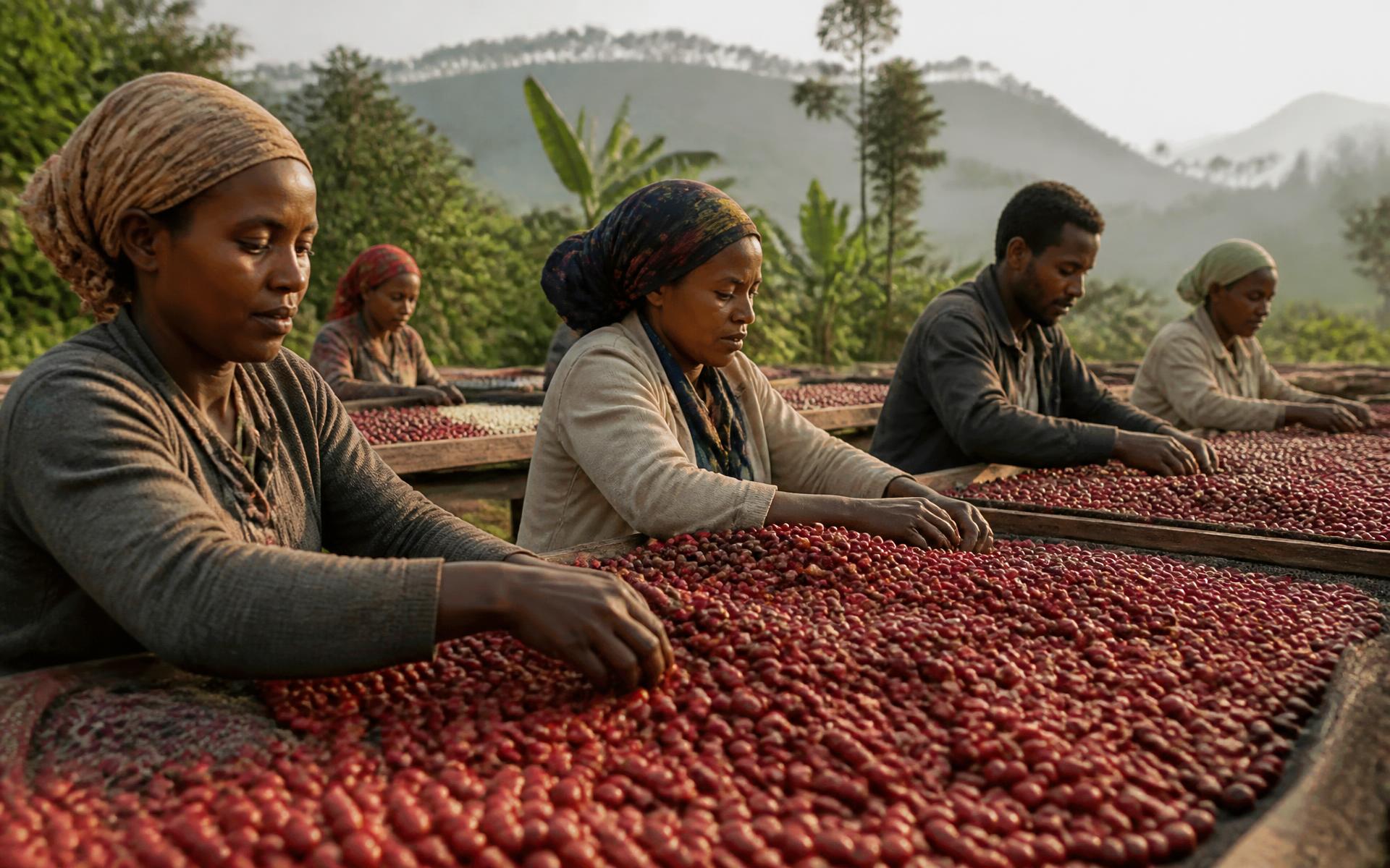 Producteurs triant des cerises de café à l'origine en Éthiopie