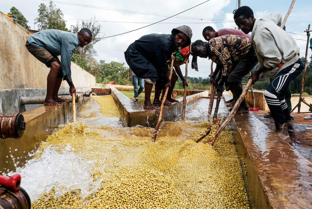 Travailleurs lavant et triant des grains de café dans une station du Sidama en Éthiopie
