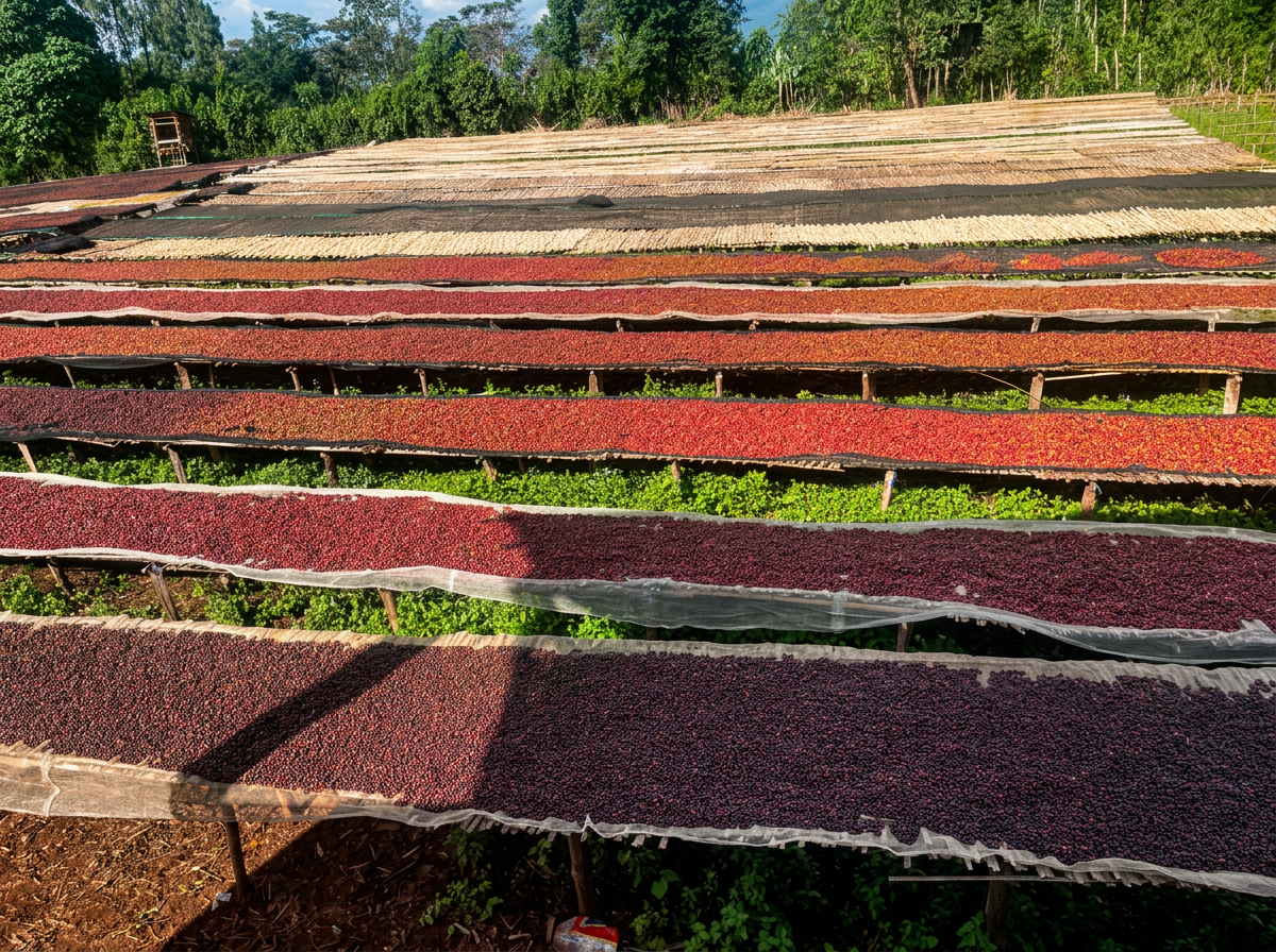 Rangées de cerises de café rouges séchant sur des lits surélevés dans une station éthiopienne