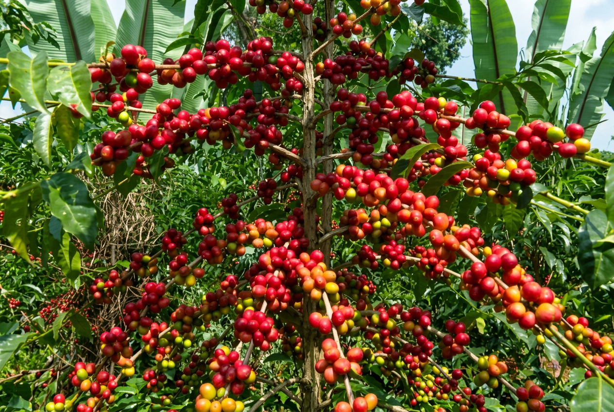 Branches de caféier chargées de cerises mûres rouges et jaunes